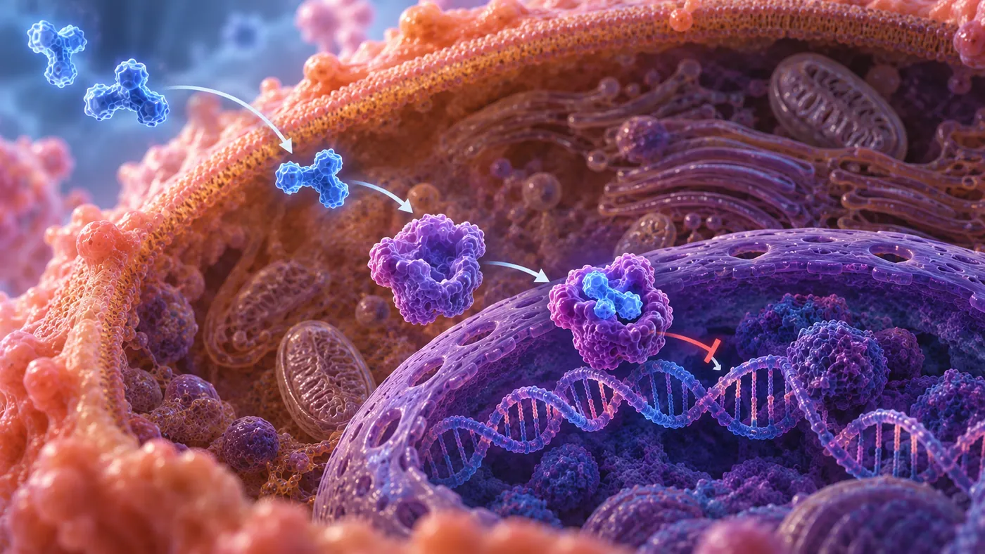 Schéma : les œstrogènes stimulent le récepteur aux œstrogènes d’une cellule cancéreuse du sein ; le tamoxifène prend leur place sur le récepteur et bloque l’activation des gènes de prolifération.